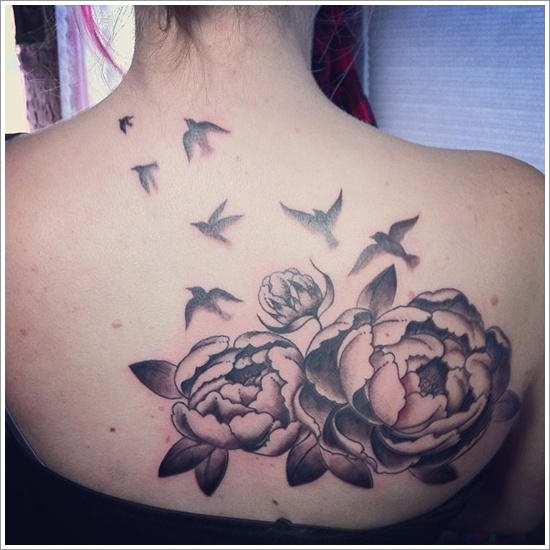 Black Ink Peony Flowers With Flying Birds Tattoo On Women Upper Back