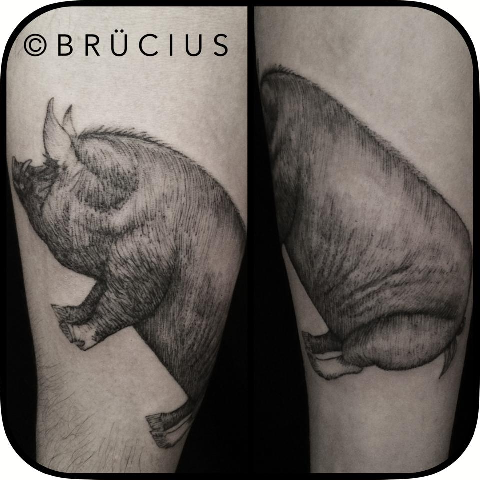 Black Ink Pig Tattoo On Half Sleeve By Brucius