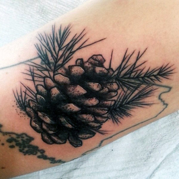 Black Ink Pine Cone Tattoo Design For Bicep