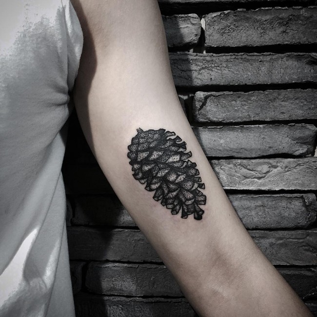 Black Ink Pine Cone Tattoo On Left Bicep