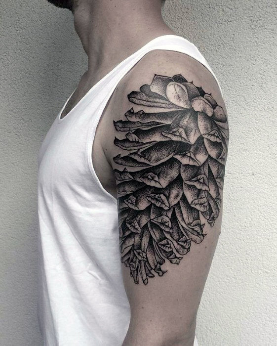Black Ink Pine Cone Tattoo On Man Left Shoulder