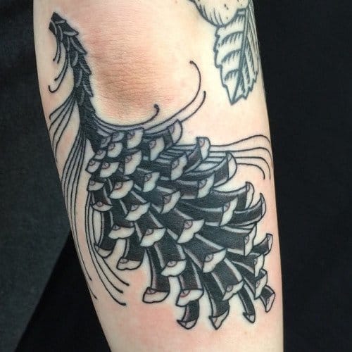 Black Ink Pine Cone Tattoo On Right Elbow
