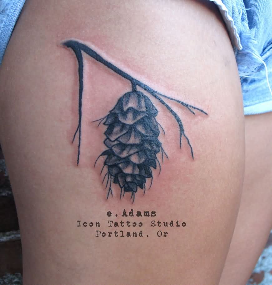 Black Ink Pine Cone Tattoo On Right Thigh