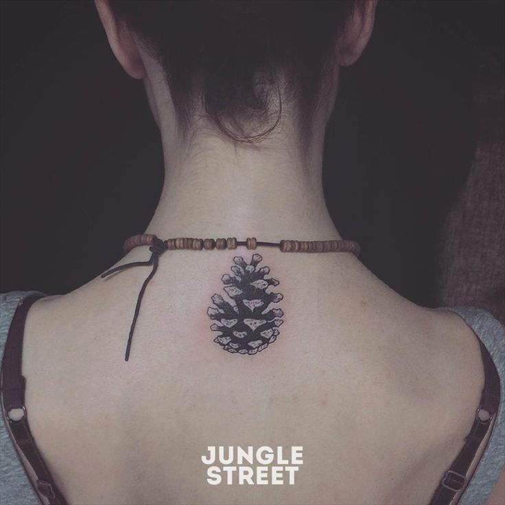 Black Ink Pine Cone Tattoo On Women Upper Back