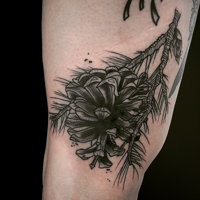 Black Ink Pine Cone Branch Tattoo On Left Half Sleeve