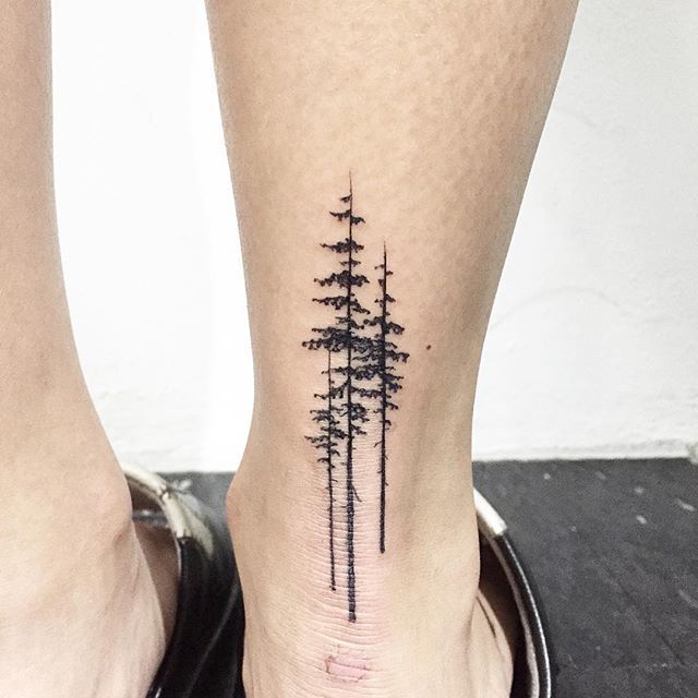 Black Ink Pine Tree Tattoo On Right Leg