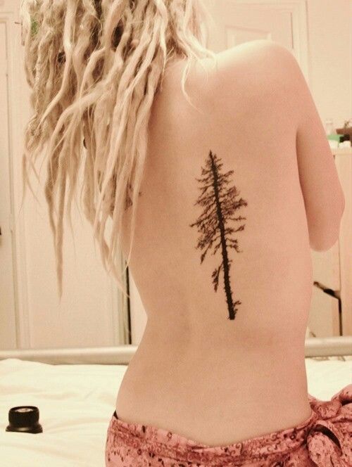 Black Ink Pine Tree Tattoo On Women Back