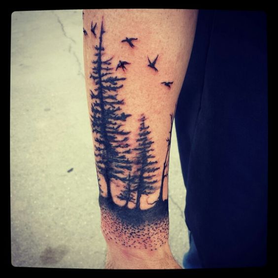 Black Ink Pine Tree With Flying Birds Tattoo On Left Arm