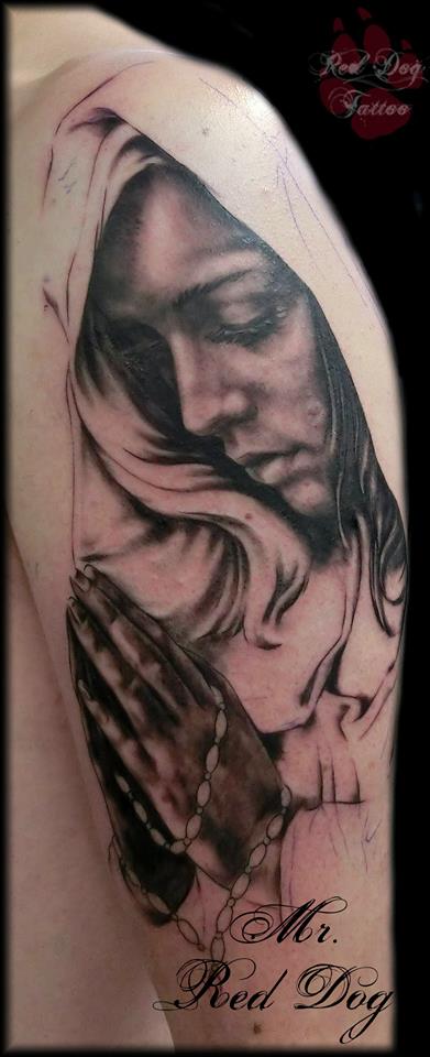 Black Ink Praying Hand Women Tattoo On Half Sleeve