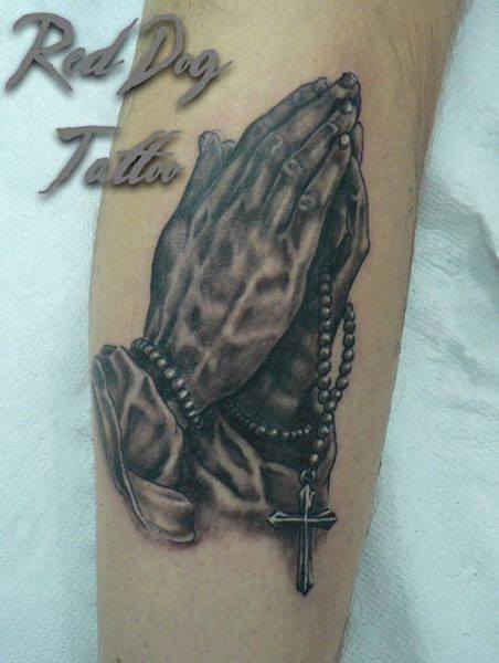 Black Ink Praying Hands With Rosary Cross Tattoo Design For Sleeve