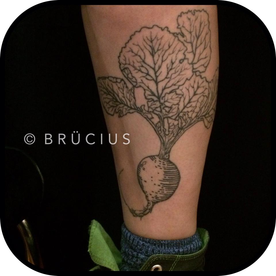 Black Ink Radish Tattoo On Leg By Brucius