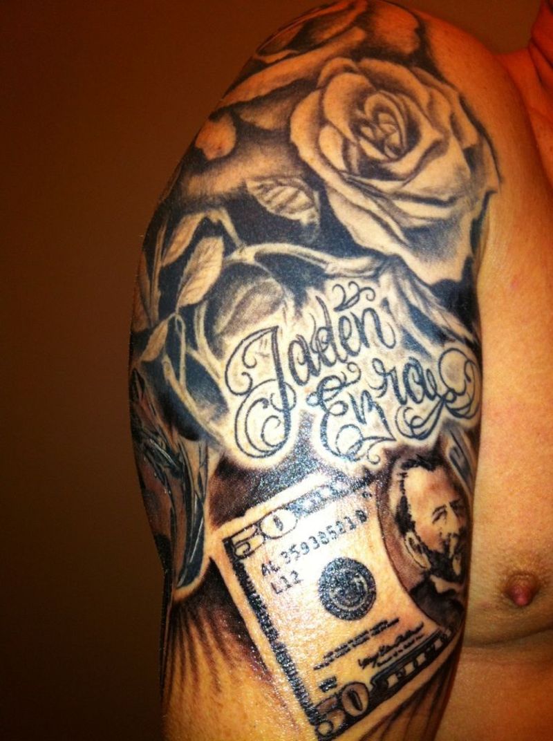 Black Ink Rose With Money Tattoo On Man Right Shoulder
