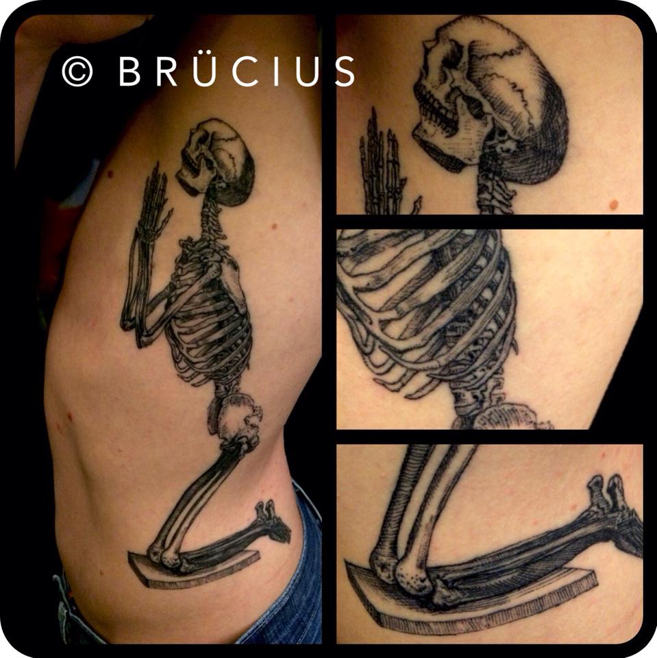Black Ink Skeleton Tattoo On Man Left Side Rib