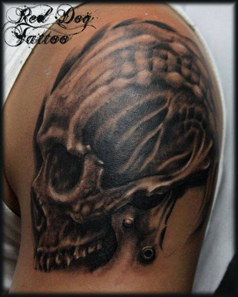 Black Ink Skull Tattoo On Left Shoulder