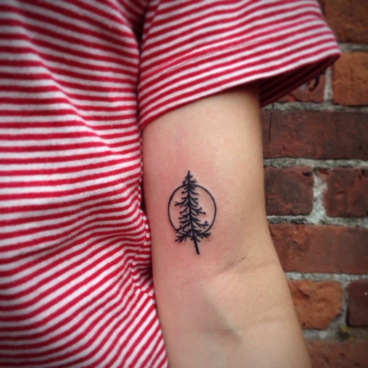 Black Ink Small Pine Tree Tattoo On Left Bicep