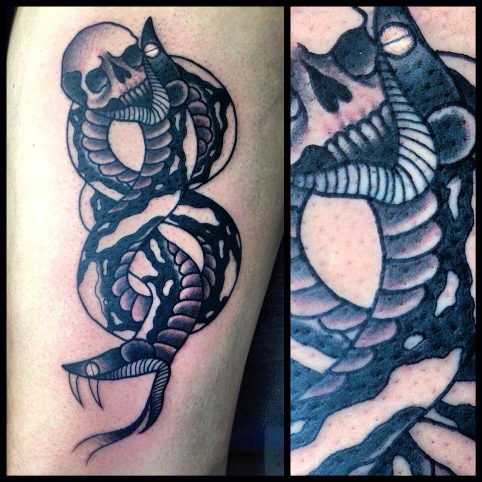 Black Ink Snake With Skull Tattoo On Half Sleeve
