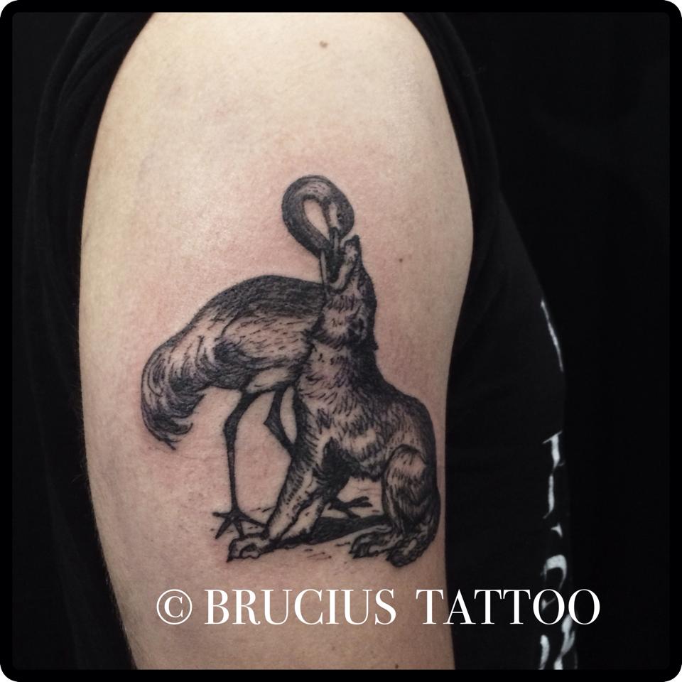 Black Ink Swan With Wolf Tattoo On Right Half Sleeve