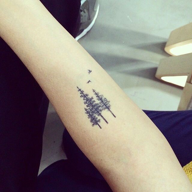 Black Ink Three Pine Tree Tattoo On Forearm