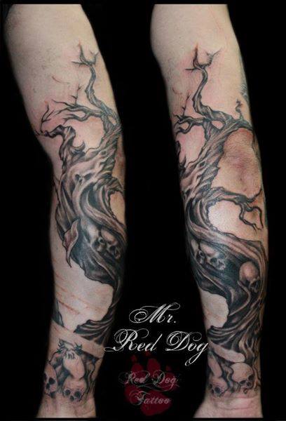 Black Ink Tree Without Leaves Tattoo On Left Sleeve
