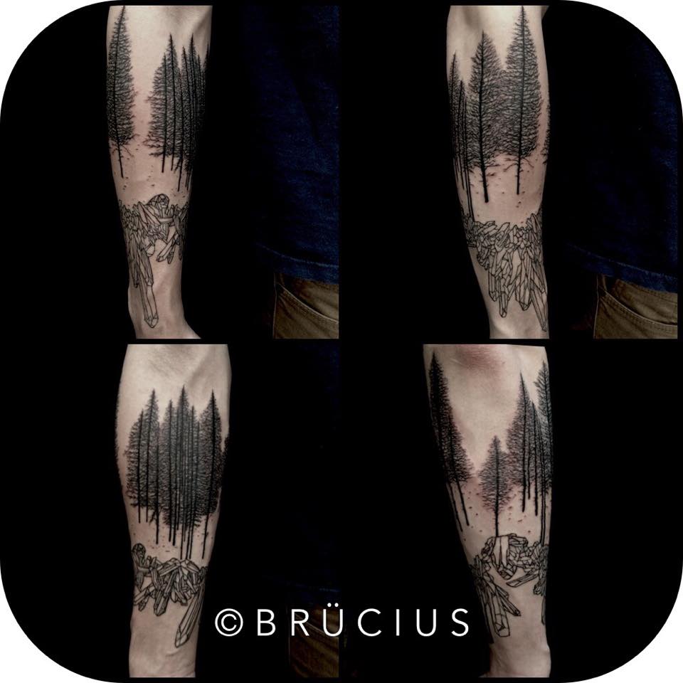 Black Ink Trees Tattoo On Right Sleeve