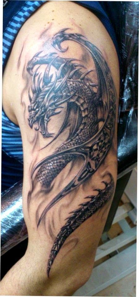 Black Ink Tribal Dragon Tattoo On Man Left Half Sleeve