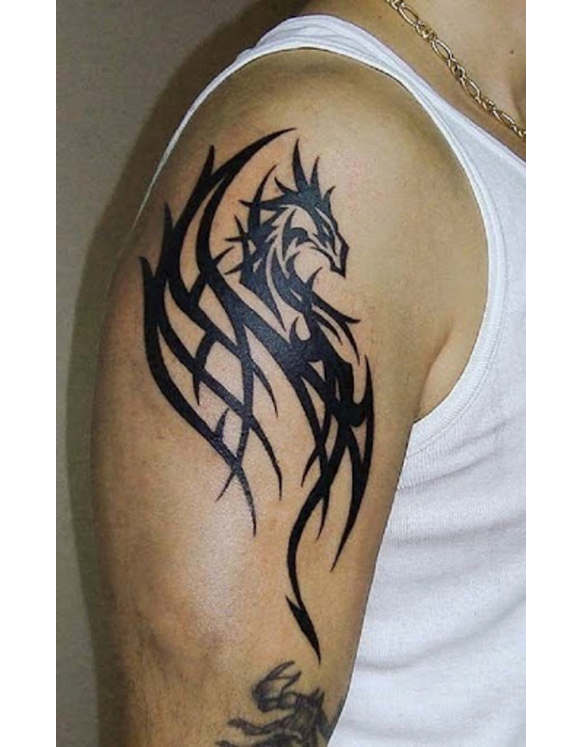 Black Ink Tribal Dragon Tattoo On Man Right Shoulder