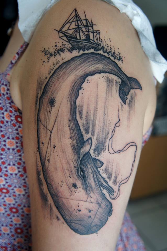 Black Ink Whale Tattoo On Left Half Sleeve