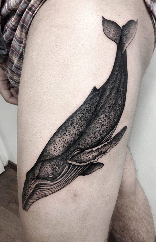 Black Ink Whale Tattoo On Left Thigh