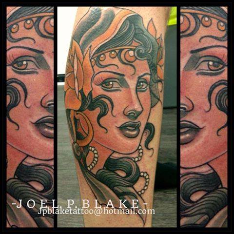 Black Ink Women Face Tattoo Design For Sleeve