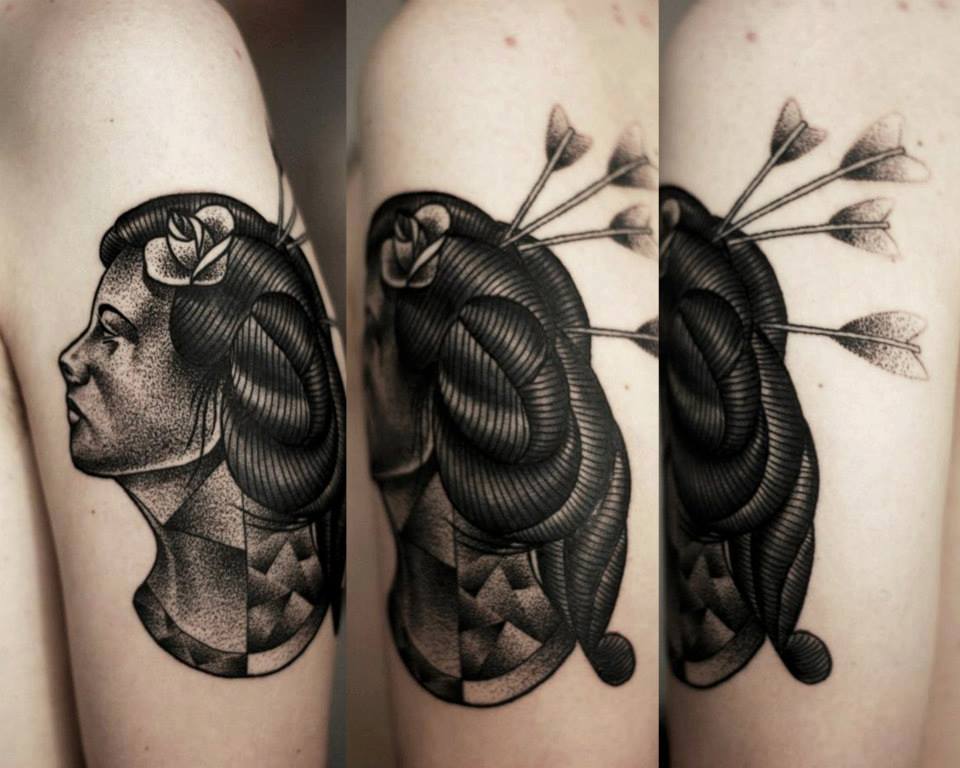 Black Ink Women Face Tattoo On Half Sleeve By Mariusz Trubisz
