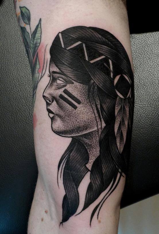 Black Ink Women Head Tattoo On Right Bicep By Mariusz Trubisz