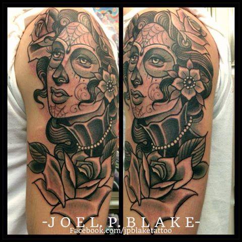 Black Ink Women Head With Flowers Tattoo On Left Half Sleeve