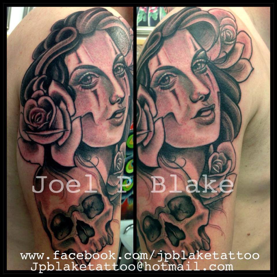 Black Ink Women Head With Rose And Skull Tattoo On Right Half Sleeve