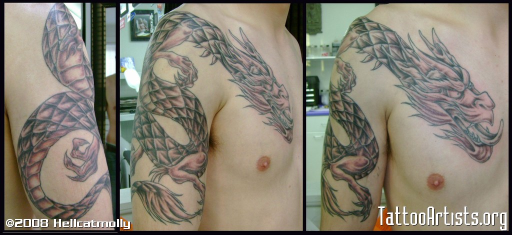 Black Ink Wrap Around Dragon Tattoo On Man Right Half Sleeve And Chest