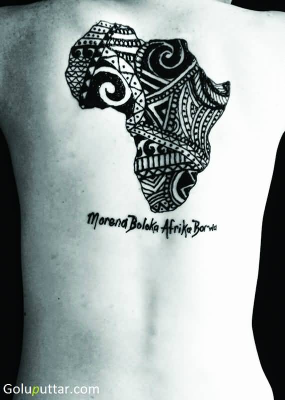 Black Maori African Map Tattoo On Upper Back