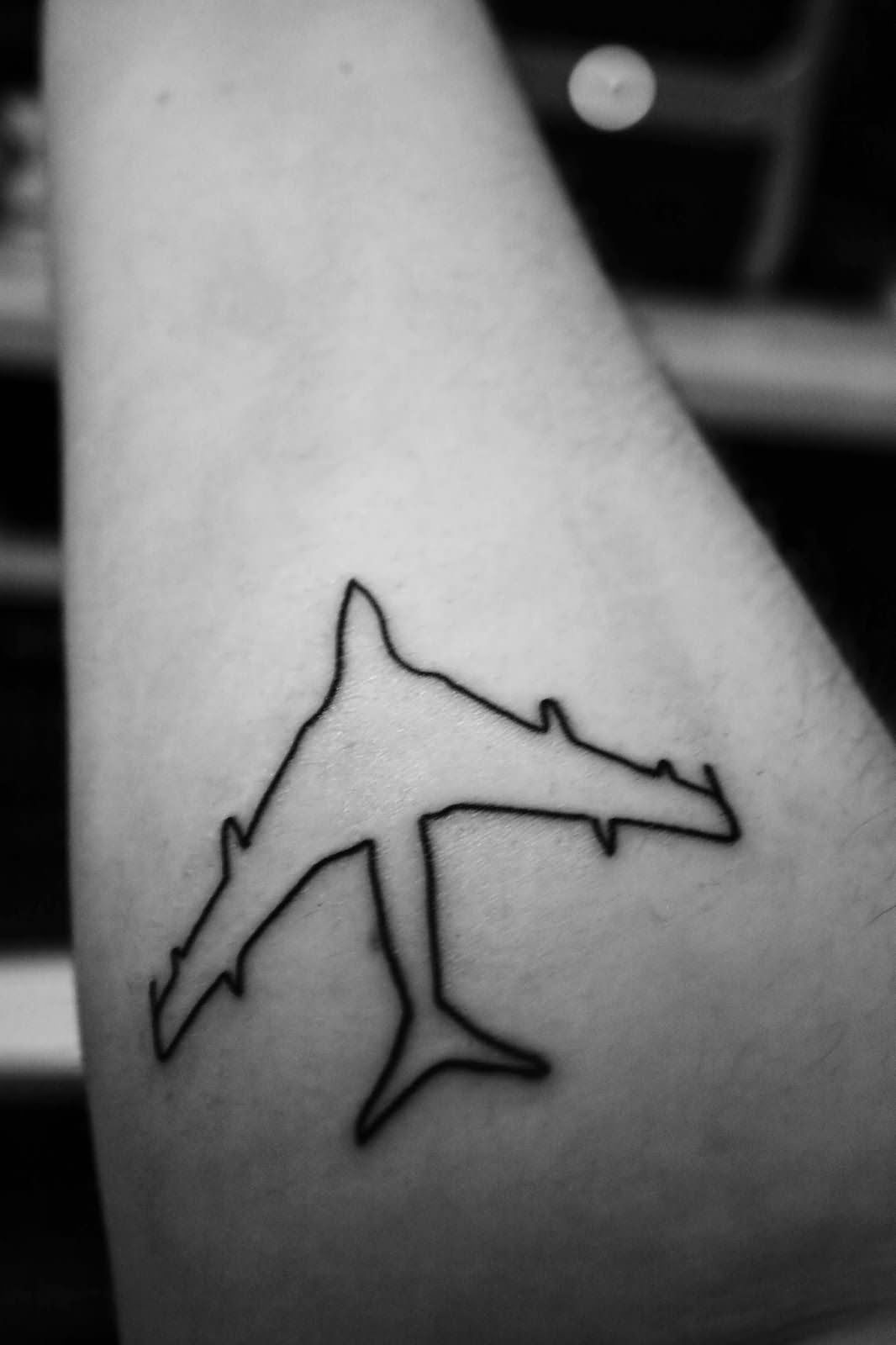 Black Outline Airplane Tattoo On Right Forearm