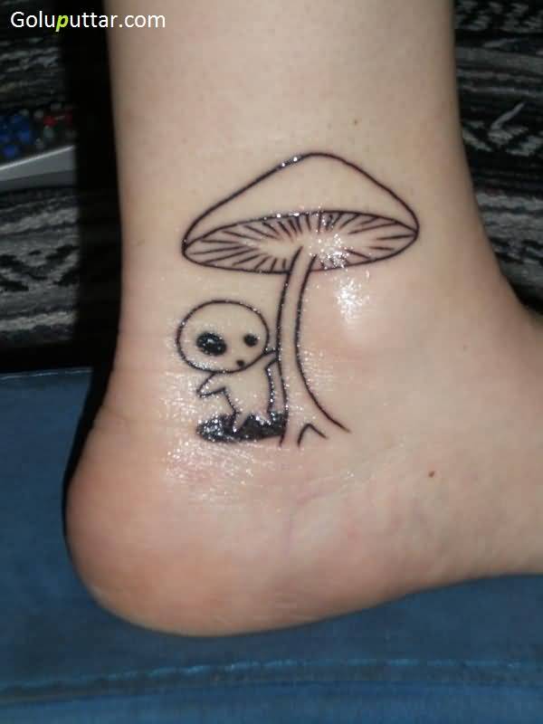 Black Outline Alien With Mushroom Tattoo On Ankle