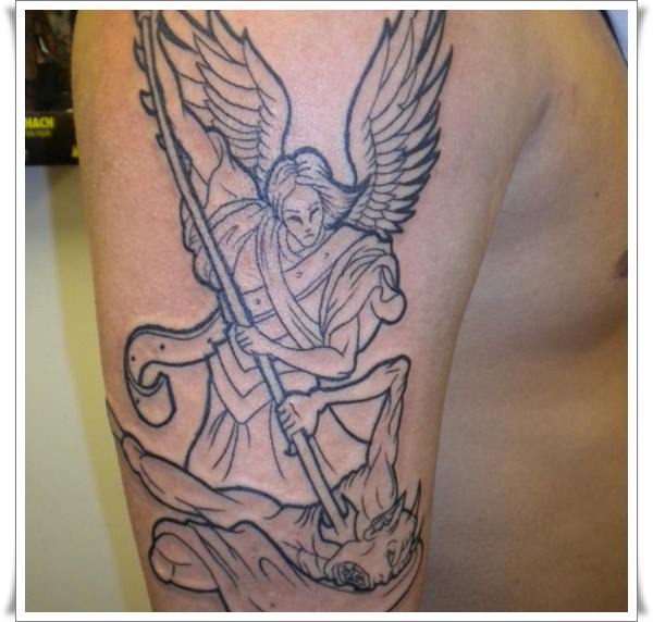 Black Outline Archangel Michael Tattoo On Right Half Sleeve