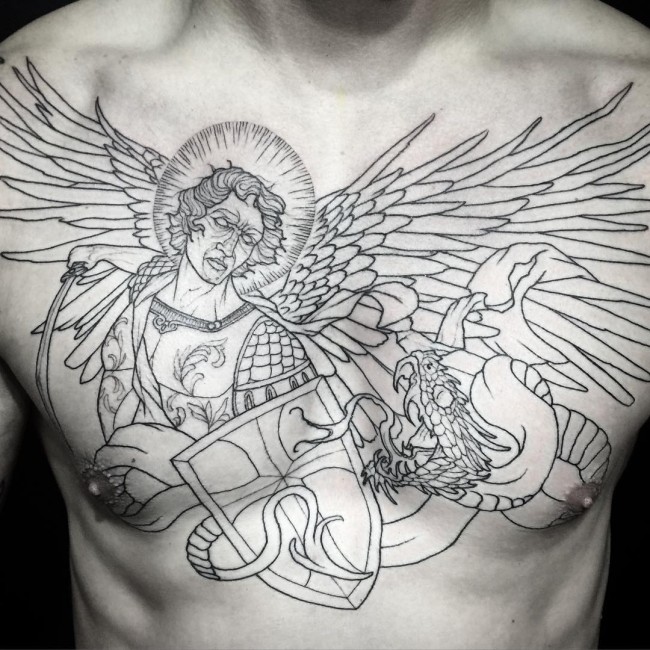 Black Outline Archangel Michael With Snake Tattoo On Man Chest