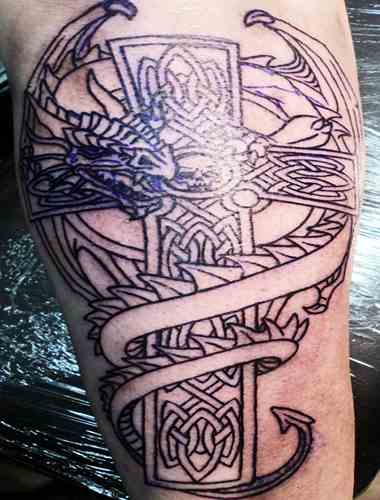 Black Outline Celtic Cross With Dragon Tattoo On Right Half Sleeve By Kiartia