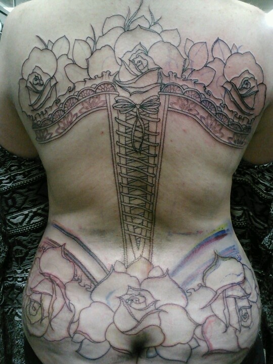 Black Outline Corset With Roses Tattoo On Full Back