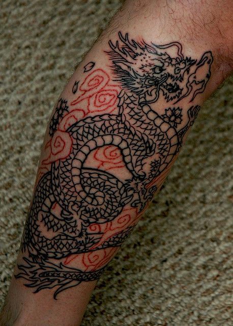 Black Outline Dragon Tattoo Design For Forearm