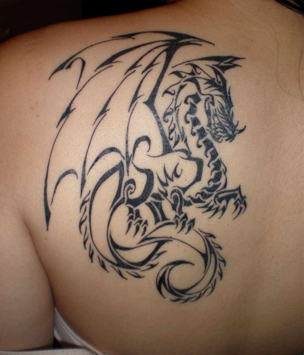 Black Outline Dragon Tattoo On Left Back Shoulder