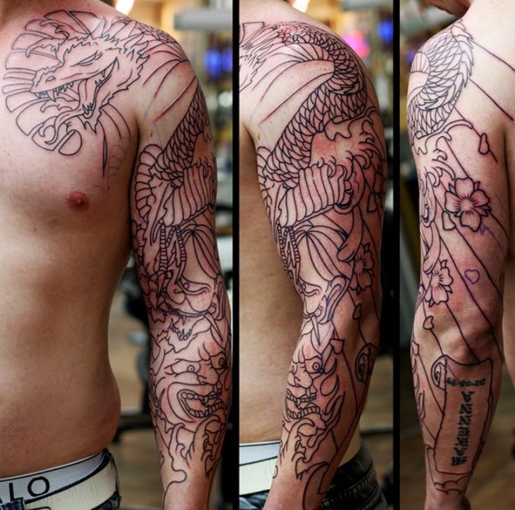 Black Outline Dragon Tattoo On Man Left Full Sleeve
