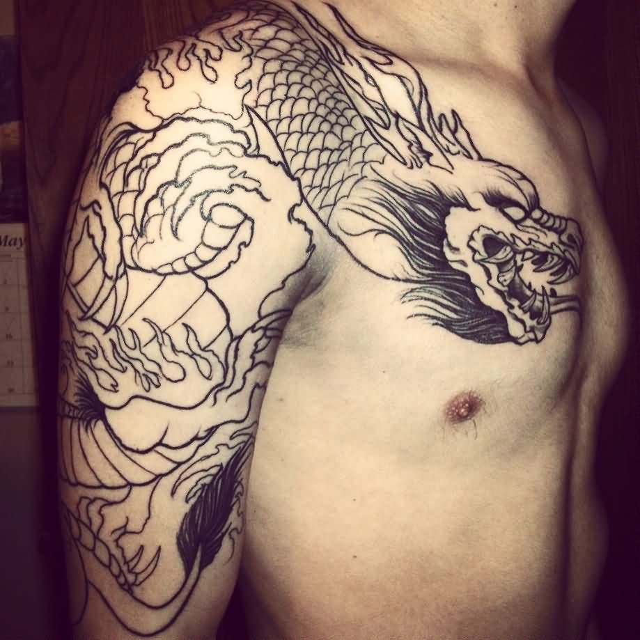 Black Outline Dragon Tattoo On Man Right Half Sleeve And Front Shoulder
