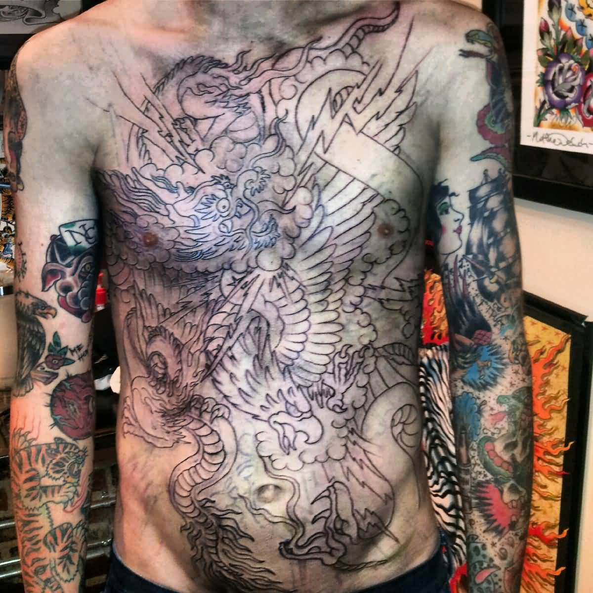 Black Outline Dragon With Eagle Tattoo On Man Stomach