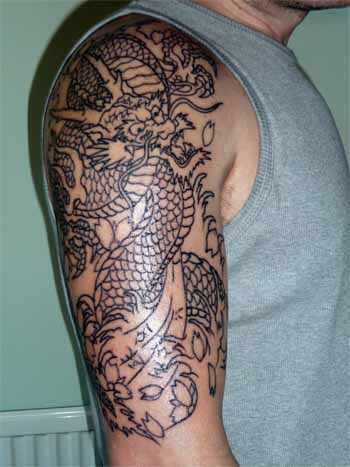 Black Outline Dragon With Flowers Tattoo On Man Right Half Sleeve