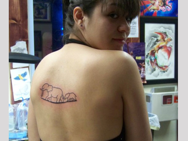 Black Outline Dumbo With Mother Tattoo On Women Upper Back