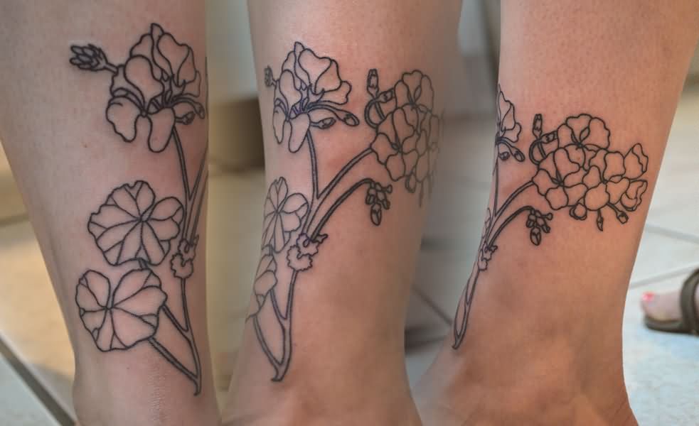 Black Outline Geranium Flowers Tattoo On Leg.