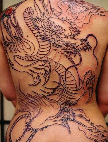 Black Outline Japanese Dragon Tattoo On Full Back